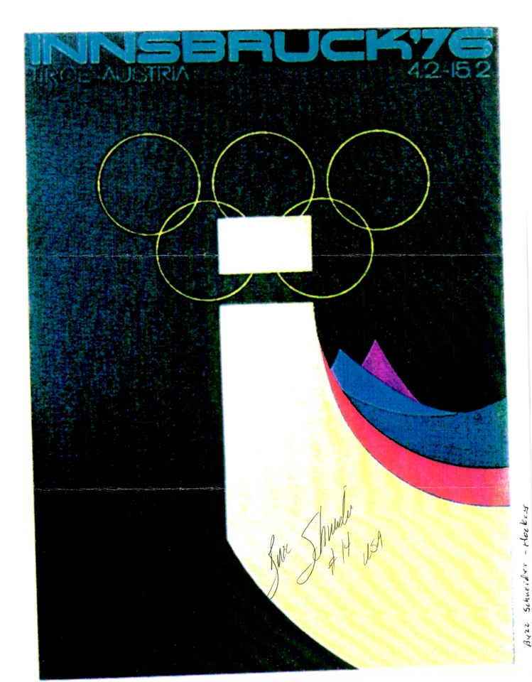Buzz Schneider Signed 8.5x11 1976 Innsbruck Olympics Poster Printout USA Hockey - Image 1 of 1
