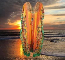 Women's Kaftan Maxi Dress, Beach Caftan, Peach Green Neckline, Resort Wear L-2XL
