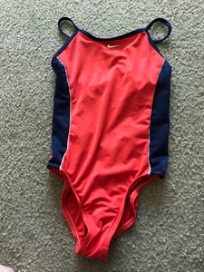 Nike One-Piece Swimsuit Orange Navt Colorblock Racerback  Girls Size 12 EC - Picture 1 of 2