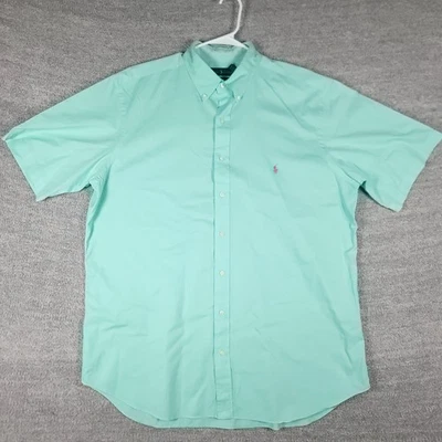 Camisa masculina Ralph Lauren XLT verde peso pena sarja botão manga curta - Imagem 1 de 4