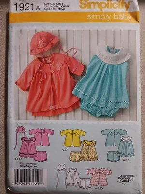 Simplicity 1921 Infant Baby Girl Bonnet Hat Dress Coat Bloomers Sizes NB-18 Mo - Image 1 of 2