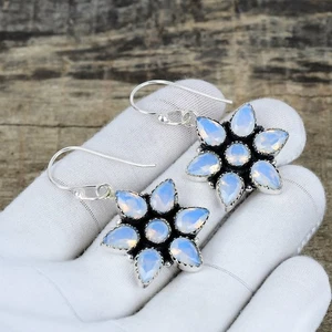 Milky Opal Gemstone Earrings 925 Sterling Silver Floral Handmade Jewelry Gift - Picture 1 of 4