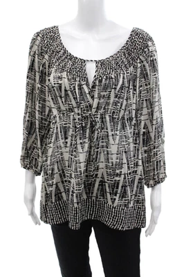 BCBGMAXAZRIA Mujer Manga 3/4 Cerradura Abstracto Seda Top Blanco Negro Talla Mediana Foto 1 de 4
