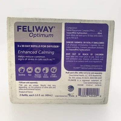 (Pack de 3) FELIWAY Optimum, feromona calmante mejorada 30 días de recarga CADUCIDAD 02/27 Foto 1 de 2