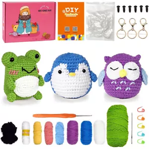 3PCS Crochet Kits for Beginners Owl Penguin Frog Knitting with Video Tutorials - Picture 1 of 15