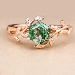 Leaf Twig Ring Round Moss Agate 925 Sterling Silver All Size Ring Women's - Picture 1 of 10