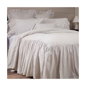 Timeless Ticking Ruffled Twin Size Bedspread, High Skirt on 3 Sides, Soft Whi... - Picture 1 of 5