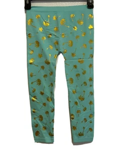 Faded Glory Turquoise Gold Glimmer Palm Tree Leggings Size 7-16  - Picture 1 of 4