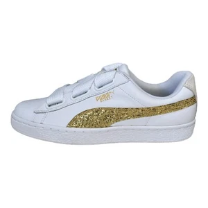 Puma Basket Heart Sneakers Women’s 9 White Leather Gold Glitter Wide Laces New - Picture 1 of 10