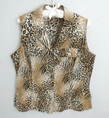 Kathy Che brown animal print poly sleeveless button front blouse *Sz 8* - Image 1 of 4