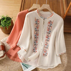 Femme Brodé Ethnique Hauts Chemises T-Shirts Chemisier Chinois Floral Manches - Picture 1 of 22