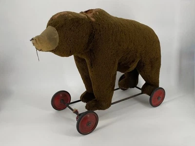 * GROßER STEIFF BRUMM BÄR AUF RÄDERN STOFFTIER 1950er ZUGBAND - Bild 1 von 4