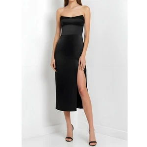 $312 NWT AMANDA UPRICHARD Ivy Strapless Silk Satin Midi Dress, Black, XS - Picture 1 of 14