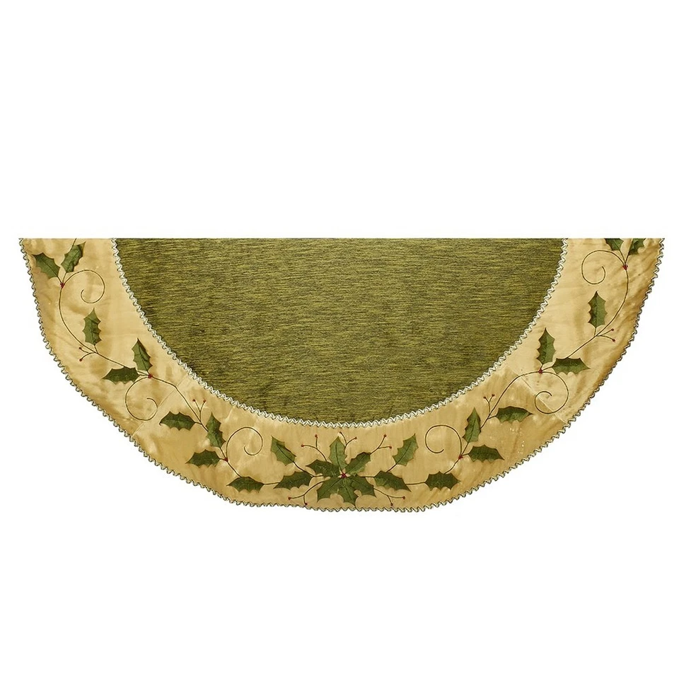 Kurt Adler 54-inch Green and Gold With Holly Leaves Embroidered Tree Skirt Ts01
