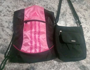 2 - Adidas Pink Drawstring Sack / Pack & Baggallini Black Flat Bag, Excellent - Picture 1 of 13
