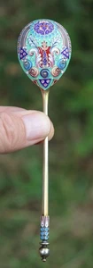 Antiker russischer 84 Silber Cloisonné Emaille vergoldeter Teelöffel, signiert П. Овчинников - Bild 1 von 12
