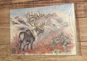 Stampa artistica Doug Lindstrand Bull Caribou schizzi dell'Alaska firmata limitata 2000 HTF - Foto 1 di 9