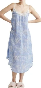 PAPINELLE NIGHTGOWN MAXI CHERRY BLOSSOM POWDER BLUE COTTON SILK POCKETS LACE S - Picture 1 of 7