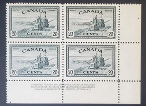 Stamps Canada Mint: #271 20c slate black Combine Harvesting LR Pl. Blk.#1 VF MNH - Bild 1 von 1