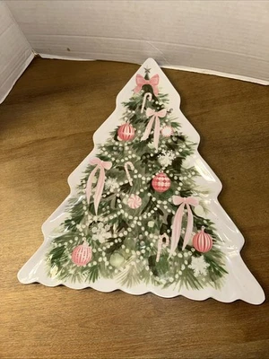 Nicole Miller 15” Christmas Tree Melamine Platter Tray Pink Bows & Ornaments - Image 1 of 4