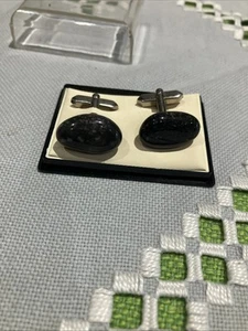 Vintage Cufflinks Black Stones In Case - Picture 1 of 5