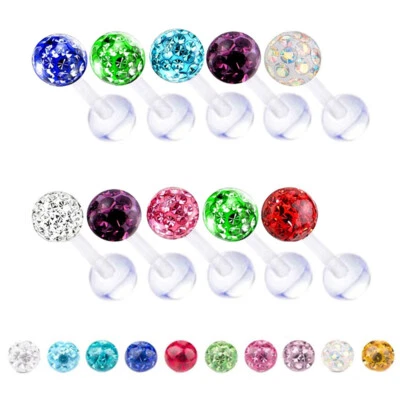 2X 16g Flexible Acrylic Bar Ear Stud 3-5mm Coated CZ Ball Helix Tragus Piercing - Image 1 of 4
