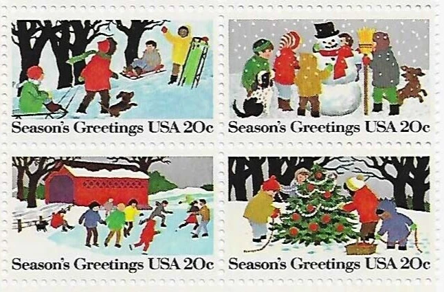 US Season's Greetings 20c Stamp Block of 4 Scott #2027-2030 - Image 1 of 1