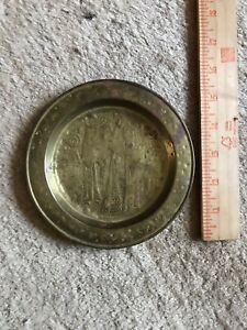 Antique / vintage Middle east brass dish plate w/ Engraved Figurines 5-7/8"
