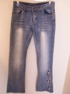 Apollo Jeans Women Junior 7/8 Distressed Blue Boot Cut Floral Cut Outs - Picture 1 of 10