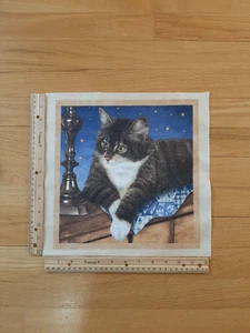 Cat Green Eyes Black & White Cotton Quilt Fabric Block 11 1/2" x 11" - Picture 1 of 1