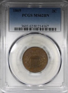 1869 Two Cent Piece graded MS62BN Uncirculated Type Coin - Picture 1 of 4