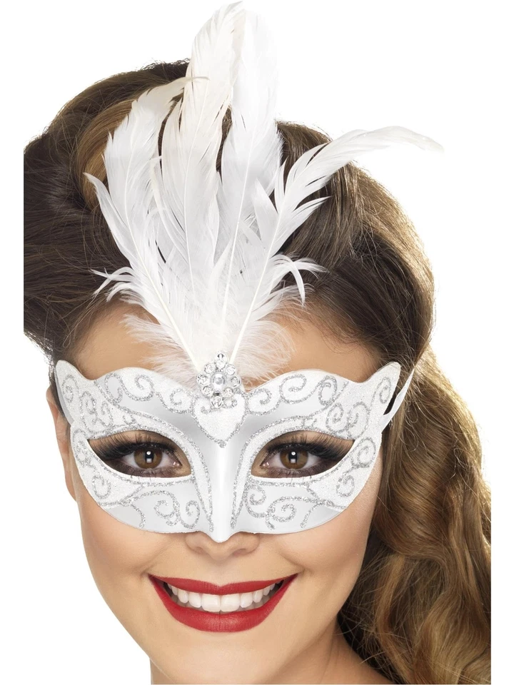 Smiffys Venetian Glitter Eyemask, Silver with Feathers, Eyemasks Fancy Dress, Co - Image 1 of 2