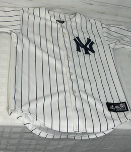 NEU! Y2K Majestic New York Yankees #2 Jeter Trikot Youth M weiß blau Nadelstreifen - Bild 1 von 13