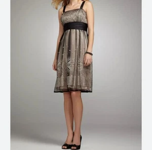 Formal Dress Sz 8 Gold Black Lace Cocktail Midi Diamond Shimmer Chiffon Babydoll - Picture 1 of 16