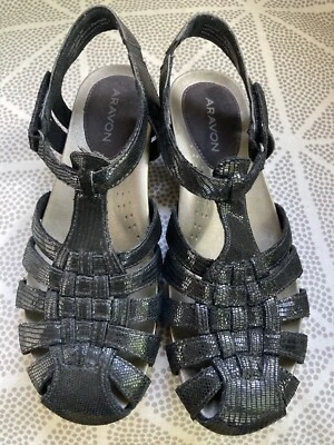 Сандалии ARAVON Fisherman размер 7AA УЗКИЕ черные кожаные туфли на плоской подошве комфортные JOSIE EUC - Изображение 1 из 4