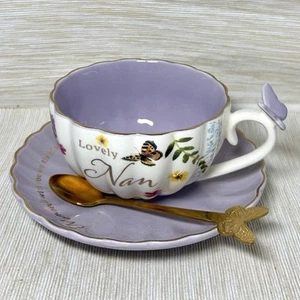 Secret Garden Teacup & Saucer ‘Lovely Nan’ Purple Butterfly Handle Gold Spoon - Picture 1 of 5