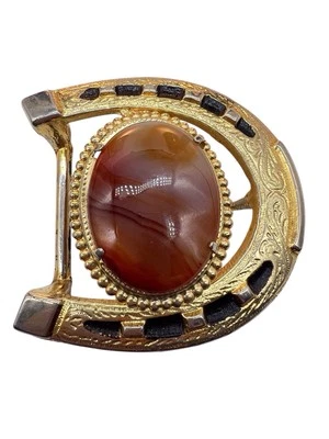 De Colección Western Cinturón Hebilla Herradura Ágata Piedra Cabujón Tono Dorado Negro Esmalte WB Foto 1 de 4