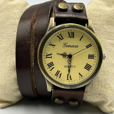 Reloj Geneva Mujer Tono Latón Cuero Marrón Envolvente Banda Batería Nueva Foto 1 de 4