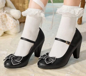 LADIES BLACK BOW DETAIL MARY JANE SHOES SIZE 9 TRANSVESTITE TV DRAG QUEEN - Picture 1 of 4