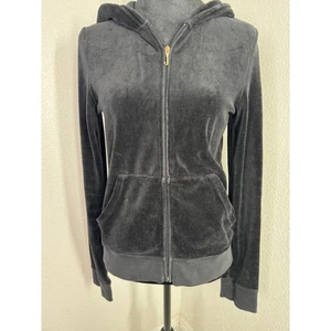 Juicy Couture Velour Hoodie Full Zip Up Jacket Women's Large Black Y2K - Picture 1 of 5