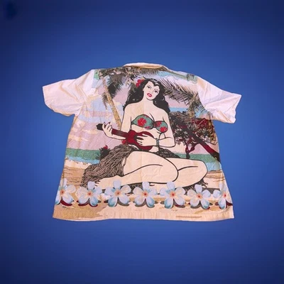 Camisa Aloha Vintage Antigua Azul Marino XXL Hawaiana Pinup Niña Retro Playa Floral Hula Pinup Foto 1 de 4