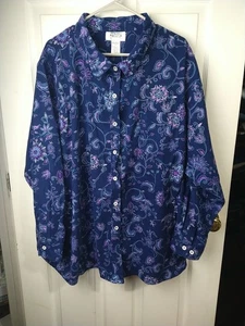 Camisa Main Street Azul Estampado Floral Abotonada Mangas Largas Talla 3X Informal  - Imagen 1 de 9