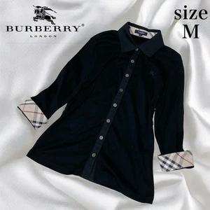 Burberry London Horse Embroidery Women'S Nova Check Rib Knit Shirt Black - Picture 1 of 12