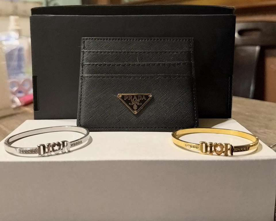 Prada Card Holder, Gold And Silver Designer Bracelet For Small Adult Wrist - Image 1 of 4