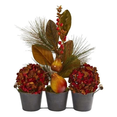 Nearly Natural 17" Fall Hydrangea Pears & Magnolia Leaf in Trio Metal Vase - Image 1 of 2