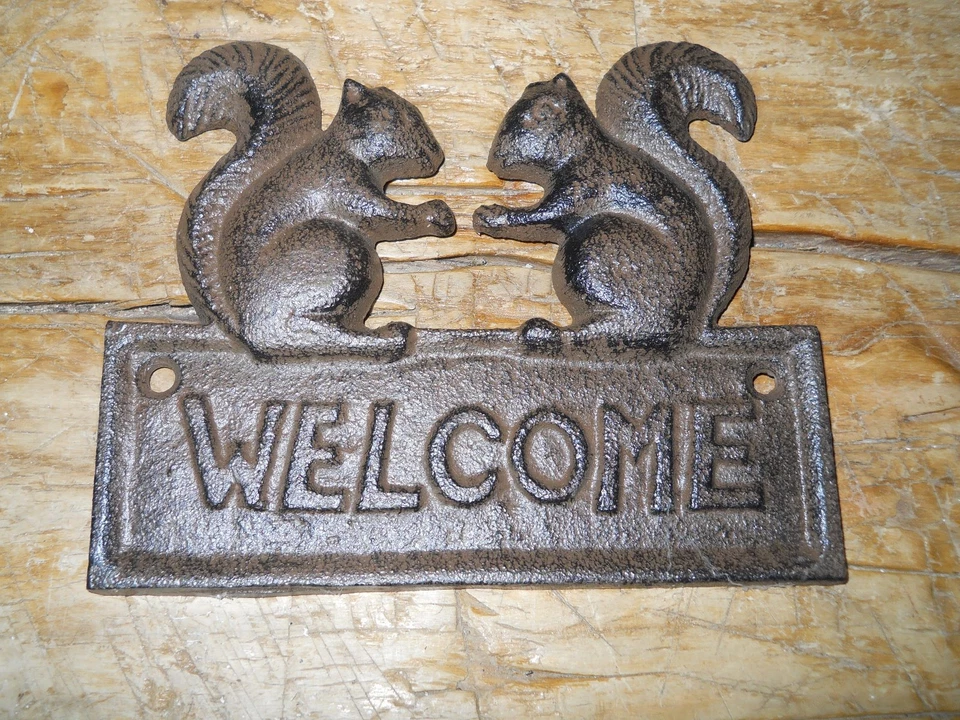 Cast Iron SQUIRREL WELCOME Plaque Sign Rustic Ranch Wall Decor   - Image 1 of 1