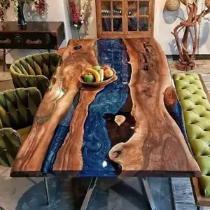 Mesa de resina epoxi azul, cabecero de comedor de acacia de madera para decoración del hogar - Imagen 1 de 3