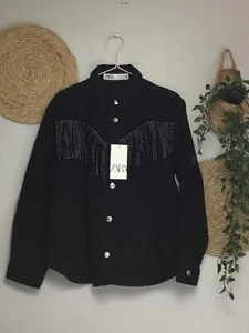 Zara Black Denim Studded Fringe Western Jacket S UK10 Bnwt G205S - Picture 1 of 7