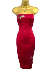 Karen Millen Vintage Red Silk Embroidered Fitted Bandeau Dress UK12 - Picture 1 of 12