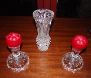 Vintage 3pc HEAVY CUT CRYSTAL Set CANDLEHOLDERS VASE Beautiful Elegant Set! - Picture 1 of 12